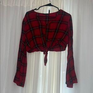Wild Fable Crimson Checkered Tie-Front Blouse (Cropped w/ Flare Sleeve)